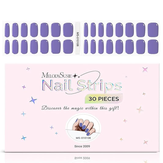 MelodySusie 30PCS Semi Cured Gel Nail Strips, Purple, Salon Quality, Long Lasting, Easy to Apply and Remove, Includes 2 Prep Pads, Nail File and Wooden Stick