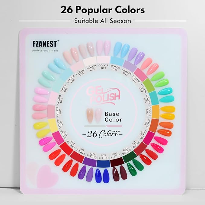 FZANEST Hema-free Gel Nail Polish Set, 30pcs TPO-free Nude Pink Red Blue Green Yellow All Season Gel Polish Colors with Rubber Base Top Coat Blooming Matte Top Soak Off Uv LED Nail Gel Kit