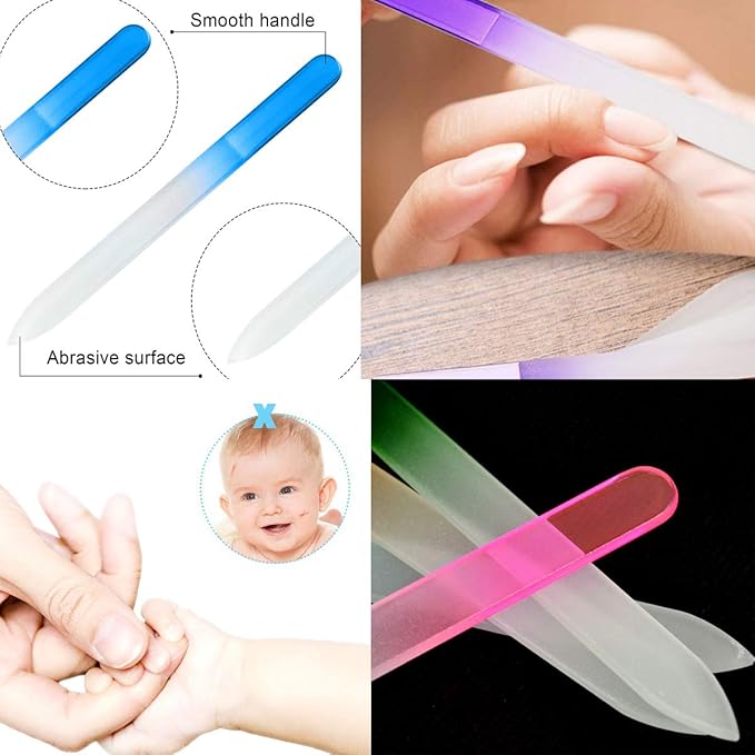 12 Pack Glass Nail Files with Case Crystal Glass Fingernail Files Double Sided Glass Nail File Mixed Color Manicure Set