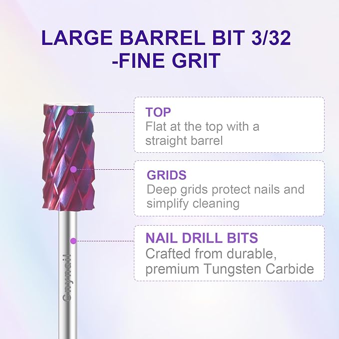 3/32" Large Barrel Bit Tungsten Carbide Nail Drill Bit Safety Bit for Gel & Acrylic Removal, Right Way Rotating Efile Tip, Salon Electric File Accessory (5XC Girt, Purple)