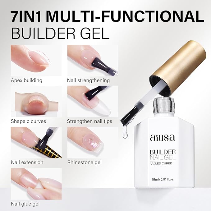 AILLSA Clear Builder Gel for Nails 7 in 1 Strengthener & Thickening Gel Polish Natural Nail Enhancement Extension Hard Gel Salon and DIY Beginner Friendly 0.51 Oz