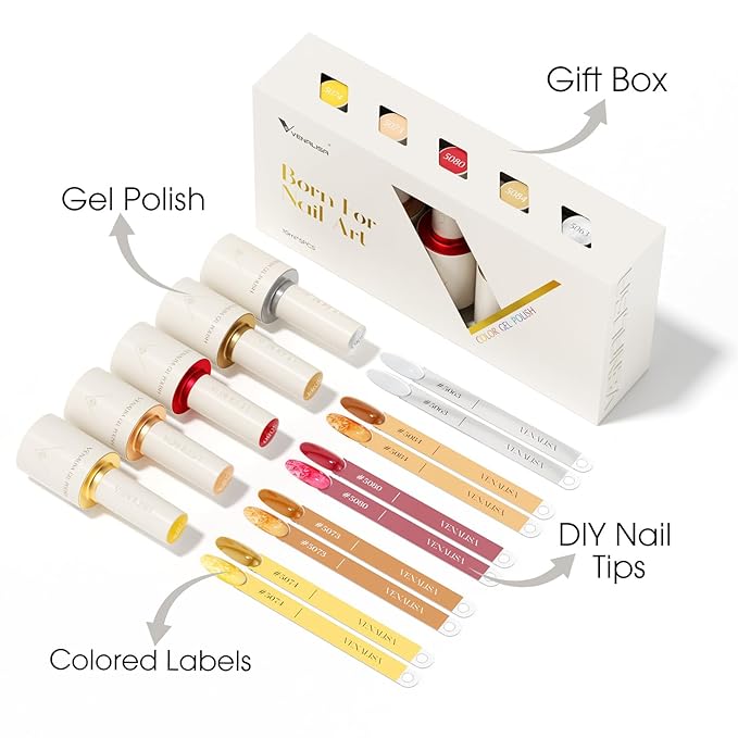VENALISA Gel Nail Polish Set, 5 Colors 10ML Gel Polish Kit Jelly Color Brown Yellow Orange Red Cat Eye Glitter Soak Off Salon Manicure DIY at Home Nail Art For Girls Women