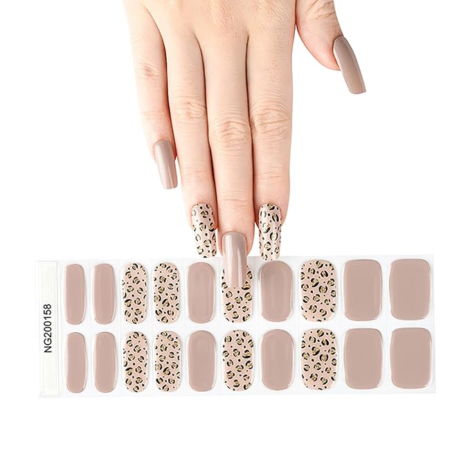 20pcs Semi Cured Gel Nail Strips, Real Nail Polish Art Stickers, Leopard Brown Gel Nail Stickers - Work with Any UV Lamp, Long Lasting Full Wraps with Nails File and Stick