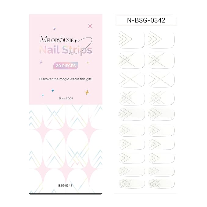 MelodySusie Semi Cured Gel Nail Strips, 20 PCS Gel Nail Stickers, Gel Nail Wraps, UV Light Required, Durable and Salon Quality (White Line)