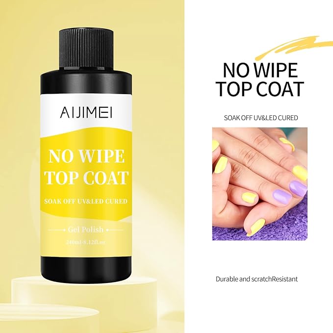 AIJIMEI 240ml Gel Polish No Wipe Top Coat Long Lasting Top Gel for Acrylic Nails,Gel Top Coat for Home DIY and Nail Salon Non-Wipe TopCoat for Gel Polish 8 Fl Oz