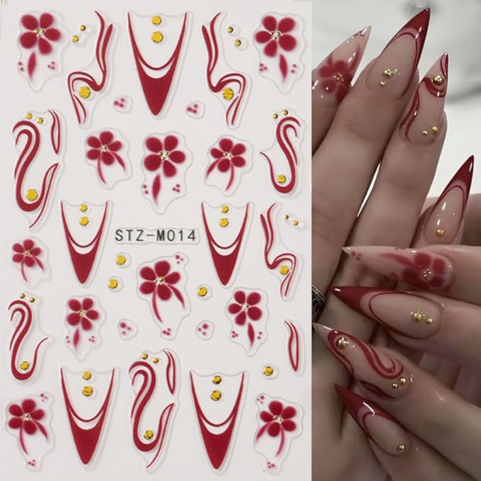4 Sheet Fall Flower Nail Art Stickers 3D Self-Adhesive French Tip Nail Stickers with Golden Gilding Lines Leopard Print Design Autumn Floral Nail Decals Nail Art Supplies for Women Acrylic Manicure