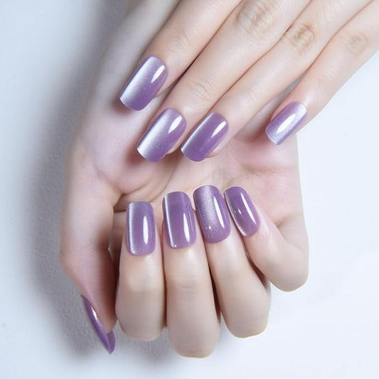 Lavender Purple Cat Eye Press on Nails Medium Square, Medium Square Press Glue on Nails Chrome for Women, Purple Holographic Glitter Glossy Reusable Gel Acrylic Fake Nail with Design Cateye Effect