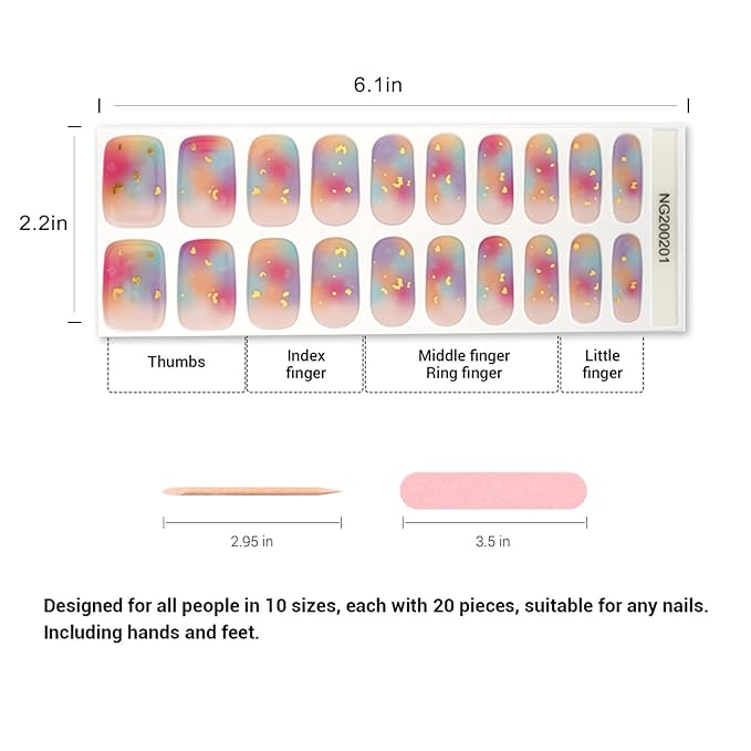Semi Cured Gel Nail Strips, 20pcs Real Nail Polish Art Stickers, Rainbow Mist Gel Nail Stickers - Work with Any UV Lamp, Long Lasting Full Wraps with Nails File and Stick