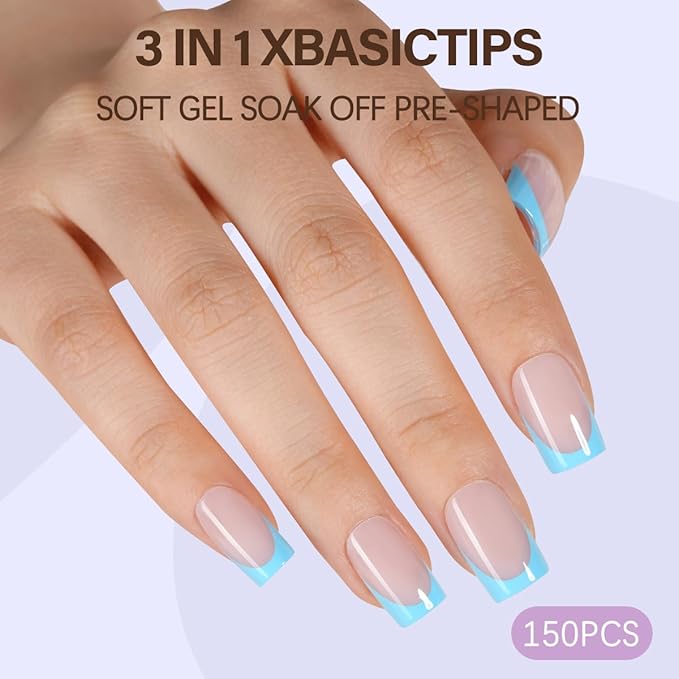 Misssix XBASICTIPS Blue French Tip Press On Nails, 150Pcs French Gel Nail Tips Short Square, Soft Gel Pre-shaped No Need to File 3 in 1 Tips, Fake Nails for Nail Art DIY Extension Designs 15 Sizes