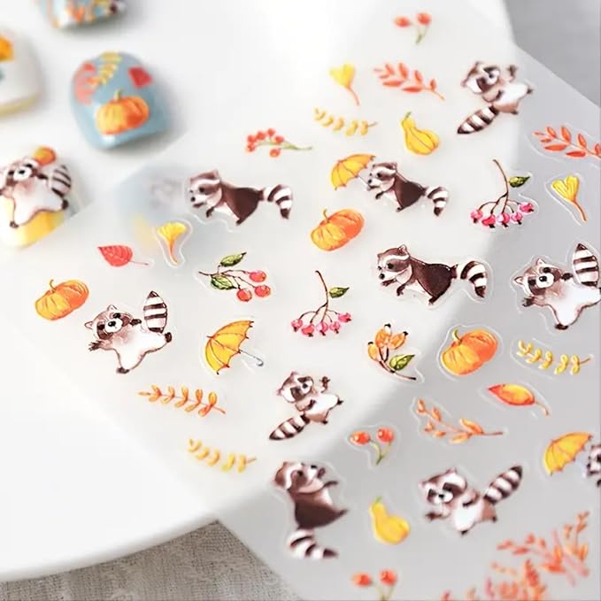 Fall Nail Art Stickers Decals Autumn Nail Decals 5D Embossed Raccoon Nails Stickers Maple Leaf Pumpkin Nail Art Supplies Fallen Leaves Animal Nail Decals for Women Thanksgiving Day Manicure Decoration