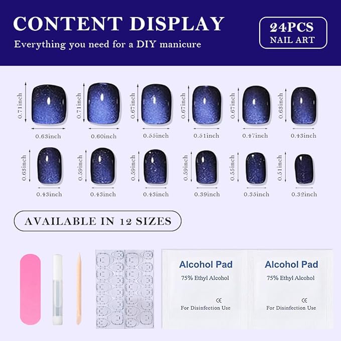evpct Blue Cat Eye Extra Short Press on Nails Square, Petite Short Square Glue on Nails for Women Gift, Royal Blue Metallic Glitter Glossy Reusable Stick Gel Press on Acrylic Fake Nail with Designs