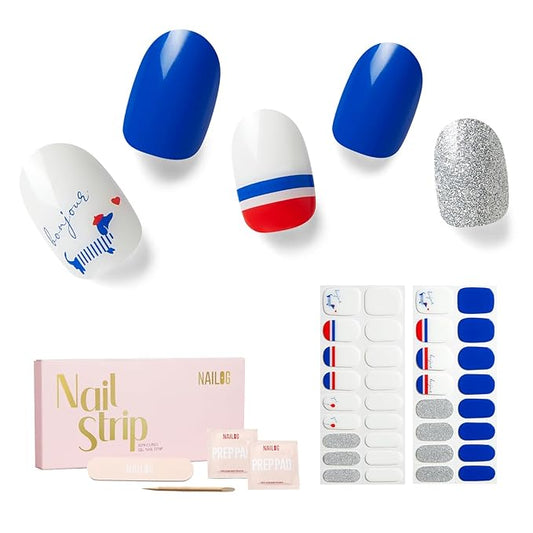 NAILOG Semi Cured Gel Nail Strips - 34 pcs | Buy 2 Get 1 UV Lamp | Long Lasting Nail Polish Sticker Wraps with Glossy Gel Finish, Bonjour