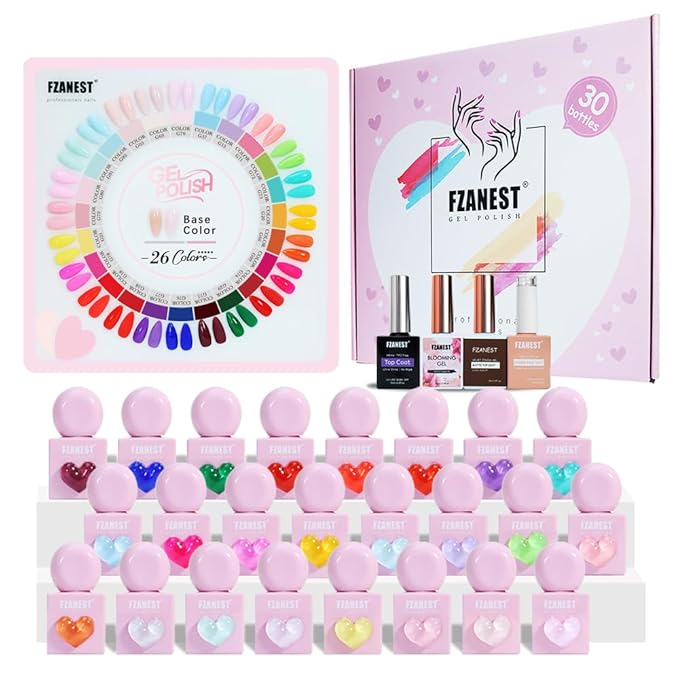 FZANEST Hema-free Gel Nail Polish Set, 30pcs TPO-free Nude Pink Red Blue Green Yellow All Season Gel Polish Colors with Rubber Base Top Coat Blooming Matte Top Soak Off Uv LED Nail Gel Kit