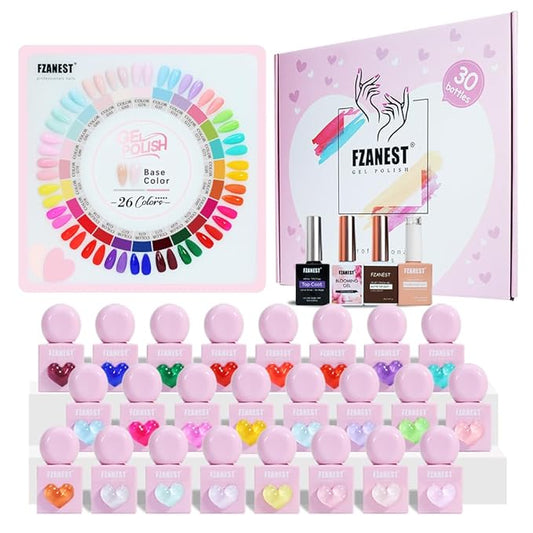 FZANEST Hema-free Gel Nail Polish Set, 30pcs TPO-free Nude Pink Red Blue Green Yellow All Season Gel Polish Colors with Rubber Base Top Coat Blooming Matte Top Soak Off Uv LED Nail Gel Kit