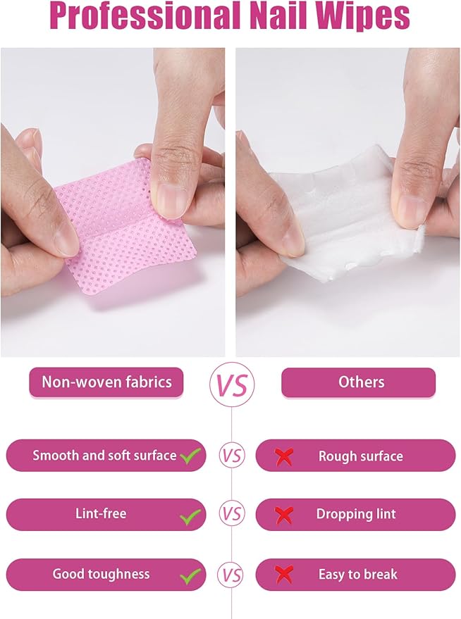 TEOYALL Lint Free Nail Wipes, 400 PCS Non-Woven Fabric Nail Cleaning Pads Pink Lash Extensions Glue Cleaning Wipes Salon Supplies