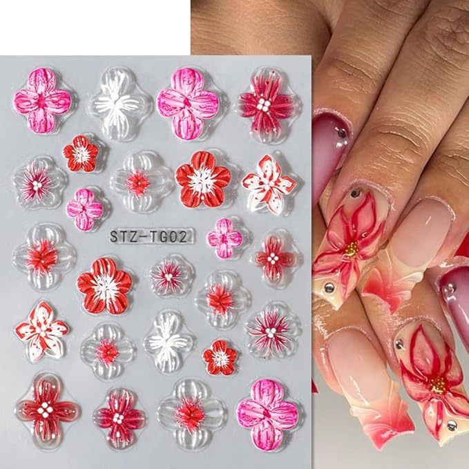 Flower Nail Art Stickers, 5D Embossed Hibiscus Flower Nail Decals Colorful Aurora Gradient Ice Transparent Flowers Design Self-Adhesive Summer Stickers DIY Engraved Manicure Foils Nail Art 2 Sheets