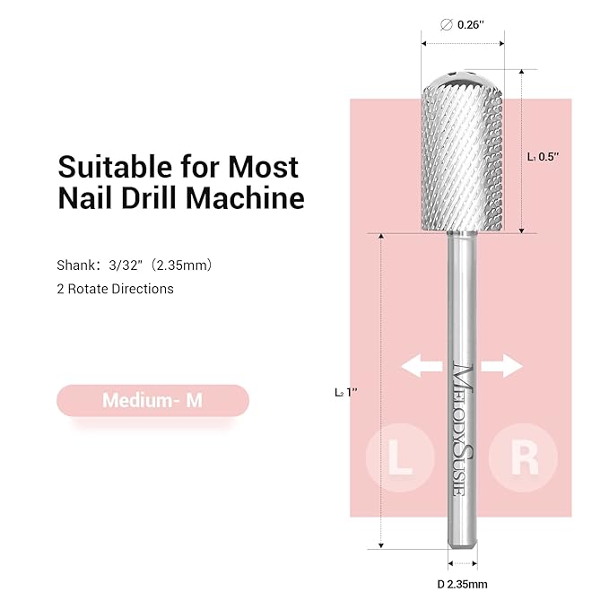 MelodySusie Safety Nail Drill Bits, 3/32'' Smooth Round Top Large Barrel Carbide Bits, Suitable for Manicure Pedicure Cuticle Gel Polishing, Beginners Bits, Silver, Series Bit-S, Medium