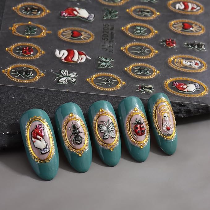 Halloween Nail Art Stickers, Retro Golden Frame Nail Decals 5d Embossed with Ghost Insect Spider Ladybug Butterfly Design 3Pcs Halloween Nail Art Supplies for Women Nail Decoration Nail Stickers