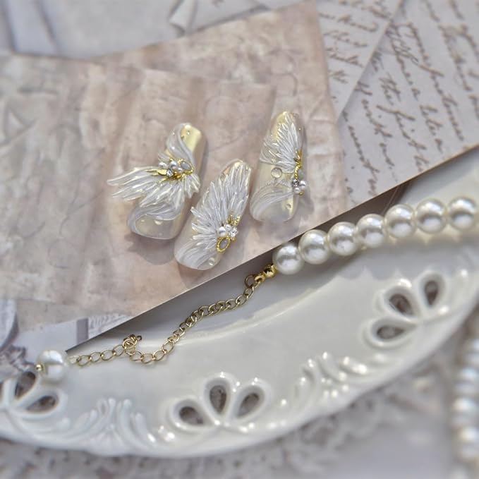 2PCS Angel Wings Nail Art Stickers, White and Gold, 5D Embossed Self-Adhesive Holographic Metal Manicure Decorations for Women