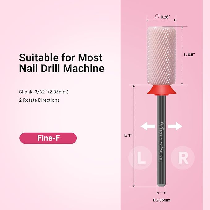 MelodySusie Ceramic Nail Drill Bits, 3/32'' Chamfer Flat Top Large Barrel Bits, Fast Remove Acrylic or Hard Gel, Nail Tool for Manicure Pedicure, Salon Home, Professional or Beginner, Pink, Fine