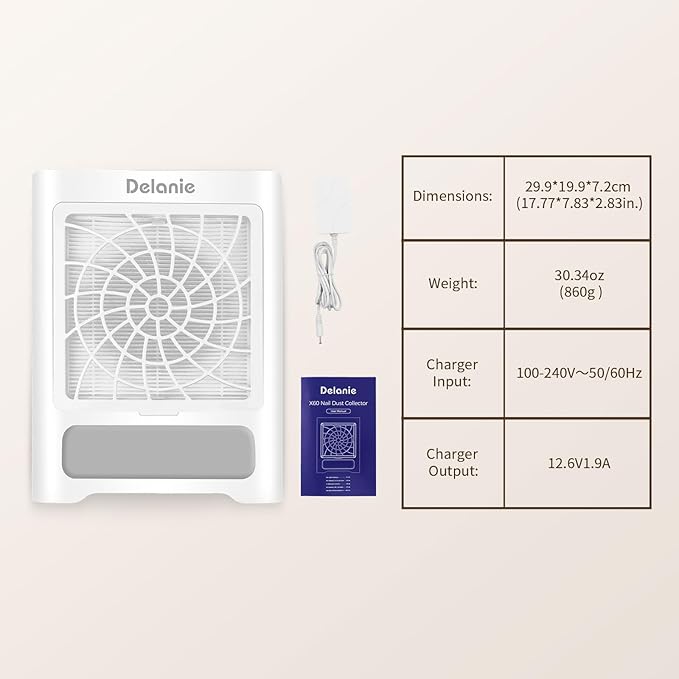 Delanie Cordless Nail Dust Collector for Nail Tech, Professional Rechargeable Portable Vacuum Nail Fan with Reusable Filter, White