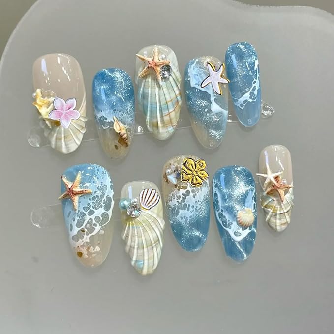 5D Embossed Beach Nail Art Stickers, 4 Pack, White Gold Shell Starfish Design, Self-Adhesive Ocean Theme Decals for Summer Manicure Decoration