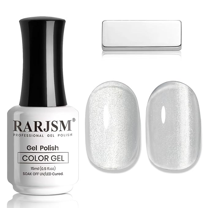 RARJSM Silver Cat Eye Gel Nail Polish Ceramic Translucent Clear White Velvet Glitter Diamond Cateye Gel Polish 15ml Single Bottle with Magnet Stick UV LED Curing Requires Soak Off for Home Salon