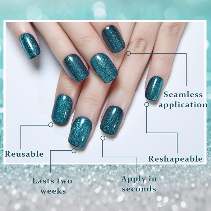 evpct Peacock Blue Cat Eye Press on Nails Short Square, Short Square Stick Glue on Nail for Women Gift, Sapphire Blue Metallic Glitter Reusable Gel Press on Acrylic Fake Nail with Cat Eye Designs