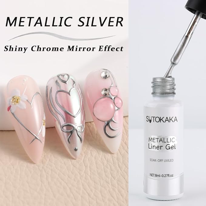 Nail Art Liner Gel Polish Set, 4pcs Metallic Silver Bronze Gold Glitter Reflective Colors Painted Drawing Stripper Gel Nail Polish Soak off Curing Requires with Thin Nail Art Brush
