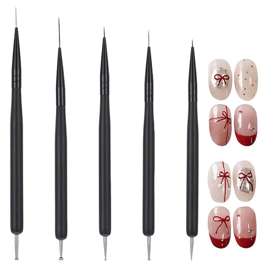 5Pcs Nail Dotting Liner Tools Double-End Nail Art Brushes Kit Nails Art Gel Polish Liner Brushes Dotting Pen Tools Painting Arts Design Brush Set for Long Lines, Thin Details, Fine Drawing Black