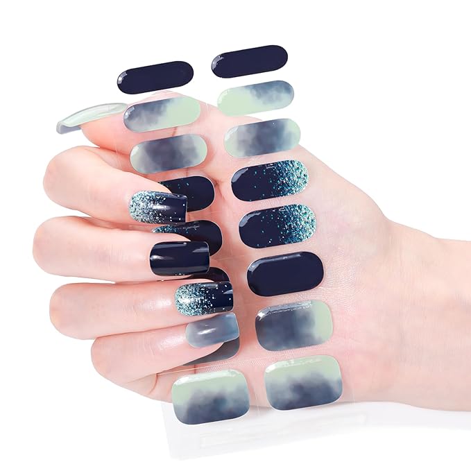WOKOTO Semi Cured Gel Nail Strips (Black Gradient)-16 Pcs Gel Nail Stickers | Gel Nail Wraps | UV Light Required, Salon Quality & Easy to Use, Real Nail Polish Strips Stick On Nails with Nail File