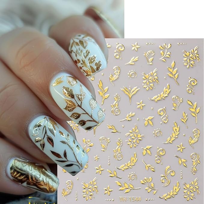 Gold Flower Nail Art Stickers 3D Self Adhesive Nail Stickers Metal Nail Decals with Bronzing Floral Leaf Design Cute Nail Sticker for Nails Art Decoration Salon Manicure Supplies for Women 6 Sheets