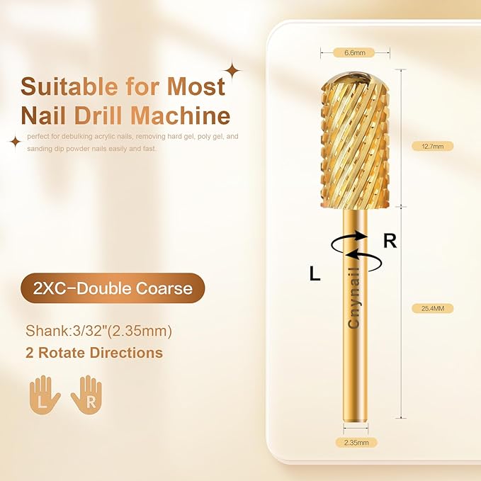 3/32" Large Barrel Smooth Round Top Tungsten Carbide Nail Drill Bit Safety Bit for Gel & Acrylic Removal, 2-Way Rotating Efile Tip, Salon Electric File Accessory (2XC Grit, Gold)