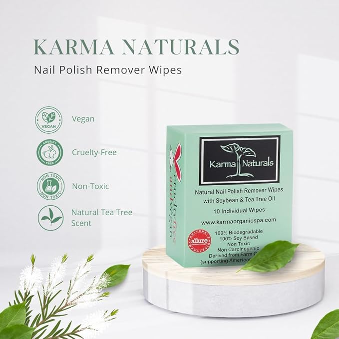Karma Organic Natural Nail Polish Remover Wipes with Soybean and Tea Tree Oil, 100% Soy Based, Non-Toxic, Vegan, Cruelty-Free – Pack of 10