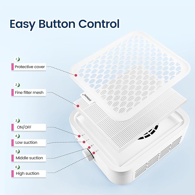 JODSONE 120W Nail Dust Collector Powerful Vacuum Fan Dust Collector Nail with Reusable Filter Manicure Pedicure Tool for Acrylic Nail Polishing Salon and Home Use