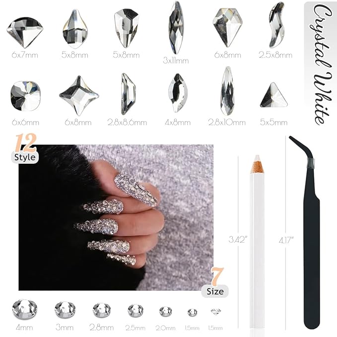 4080Pcs Silver Clear Nail Rhinestones Multi Shapes Flatback Crystal White Gems +Round Beads K9 Glass Stones Diamonds Jewels Nail Art Charms Supplies for Nails Faces Eyes Makeup DIY Crafts Phone