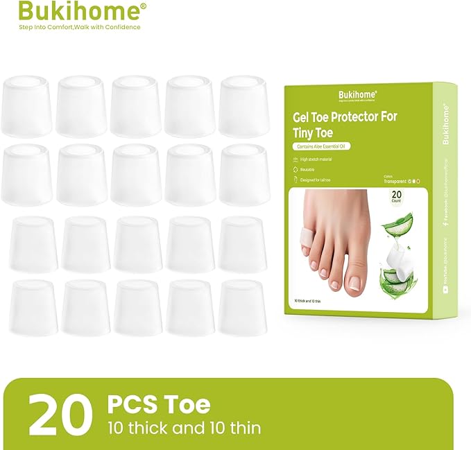 Bukihome Silicone Toe Protectors – Silicone Open Pinky Toe Sleeves for Hammer Toes, Corns, Calluses, Blisters – Soft Gel Protector Toe Cushions for Pain Relief - 20 Count (10 Thick +10 Thin)