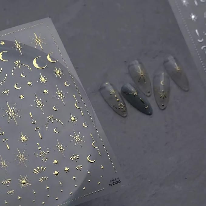 2 Sheet Gold Moon Star Nail Art Stickers Bronzing Nail Stickers for Nail Art 5D Self-Adhesive Luxury Nails Decals for Women Girls Manicure Decoration