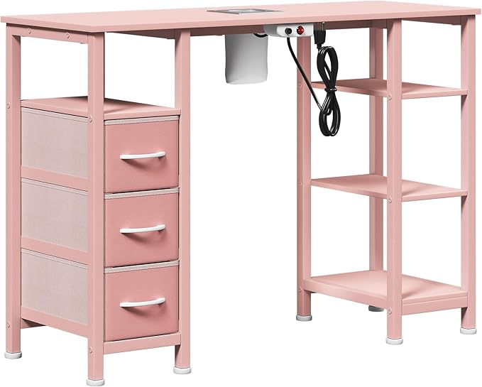 Nail Desk for Nail Tech w/Electric Dust Collector, Manicure Table w/3 Storage Drawers & 3 Open Shelves for Beauty Salon Tech Station