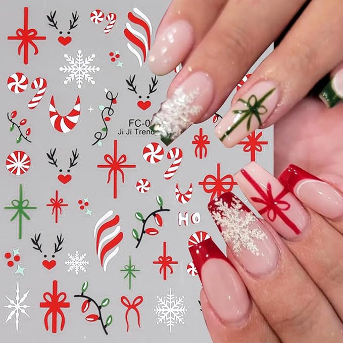 Christmas Nail Stickers for Nail Art, French Gift Bow Snowflake Nail Art Stickers 6PCS Colorful Light Candy Cane Deer HoHo Xmas Nails Design Adhesive Decals for Acrylic Nails DIY Manicure Decorations