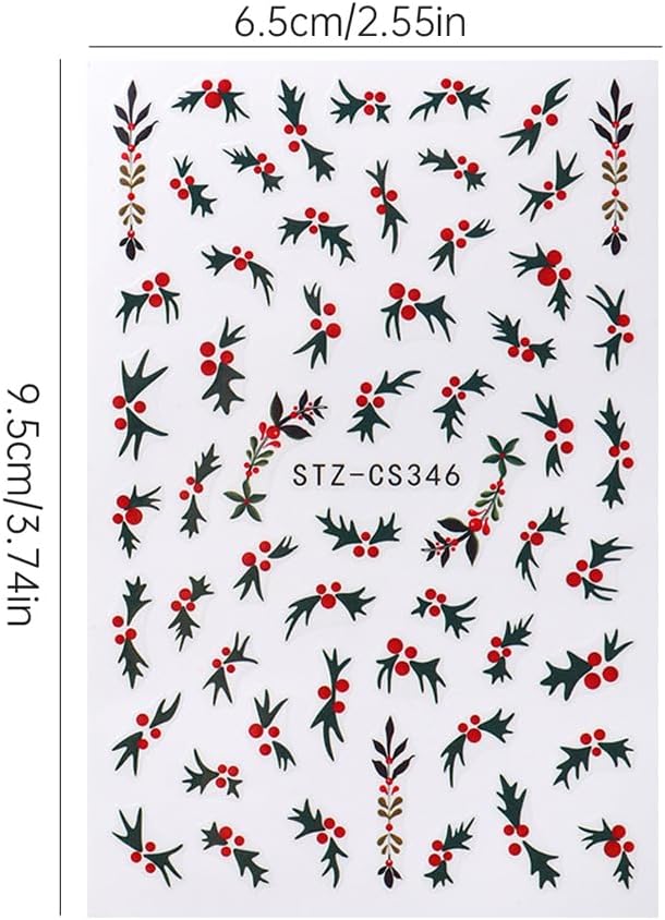 6PCS Christmas Nail Art Stickers Holly Nail Decals 3D Self-Adhesive Nail Stickers Christmas Tree Nail Art Supplies Green Leaves Holly Fruit Nails Accessories for Women Xmas Acrylic Manicure Decoration