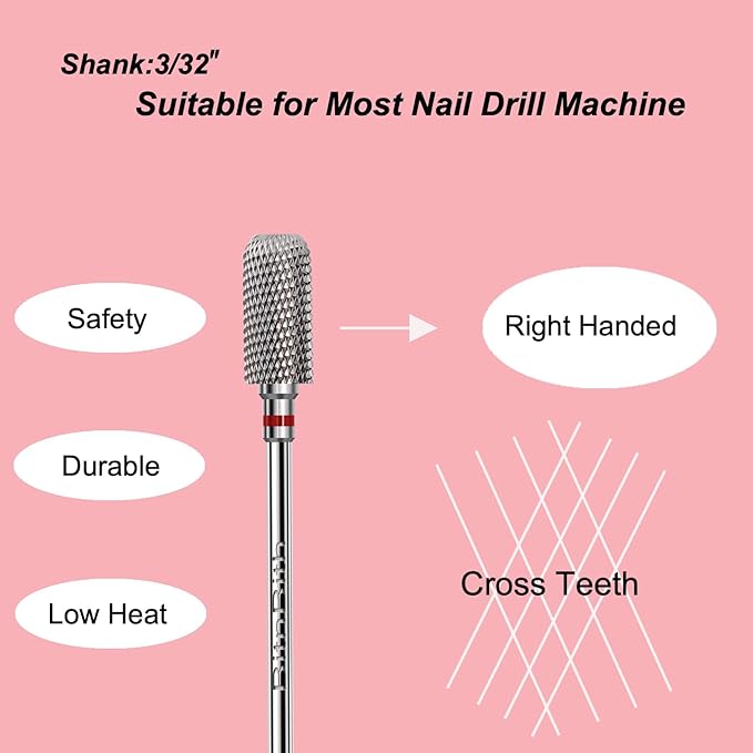 Nail Drill Bit 3/32”Fast Remove for Acrylic or Hard Gel,Barrel Electric Nail File Carbide Bit for Nail Cuticle Gel Dipping Powder Polishing, Professional Manicure Pedicure Nail Art Tool,Fine
