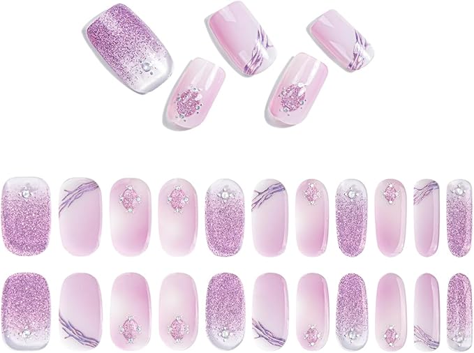 No Lamp Gel Nail Strips 22 Pcs Wraps - Silver Plum Glitter, Easy Apply Gel Nail Stickers Long Lasting, Salon-Quality, 2 Prep Pads, 1 File, 1 Wooden Stick