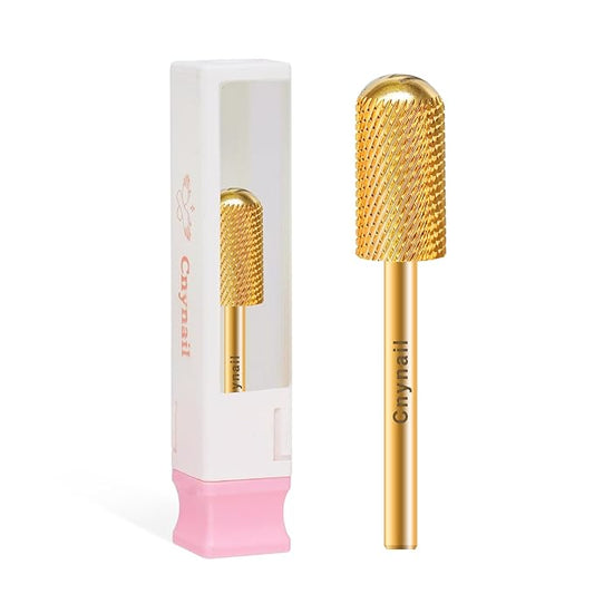 3/32" Large Barrel Smooth Round Top Tungsten Carbide Nail Drill Bit Safety Bit for Gel & Acrylic Removal, 2-Way Rotating Efile Tip, Salon Electric File Accessory (M Grit, Gold)