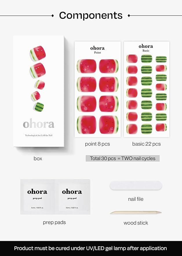 ohora Semi Cured Gel Pedi Strips (P Watermelon Slice) - Works with Any Nail Lamps, Salon-Quality, Long Lasting, Easy to Apply & Remove - Includes 2 Prep Pads, Nail File & Wooden Stick