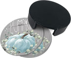 6 Pcs Fall Blue Pumpkin Eucalyptus Leaves Grey Leather Coasters - Image 5