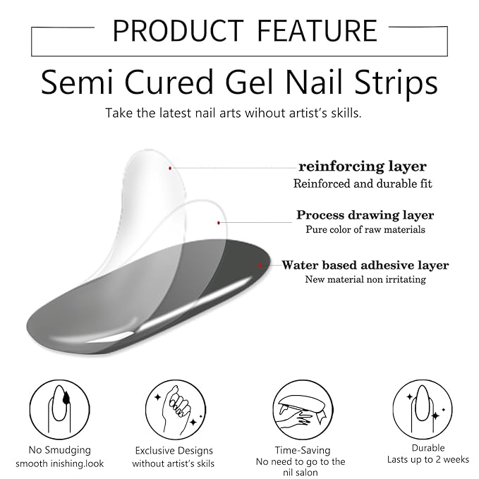 WOKOTO 1 Sheet Semi Cured Gel Nail Strips With Wood Stick, Nail File & Prepared Pads, 20 Tips Black Glitter Semi Cured Nail Polish Strips, Harden With UV Light Gel Nail Wraps Stickers For Women Girls
