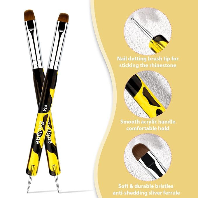 French Manicure Brush, Esclane 2 Way French Nail Brush with Dotting Tool for Manicure Cuticle Clean Up Nail Art Design, French Tip Brush (Yellow, #10)