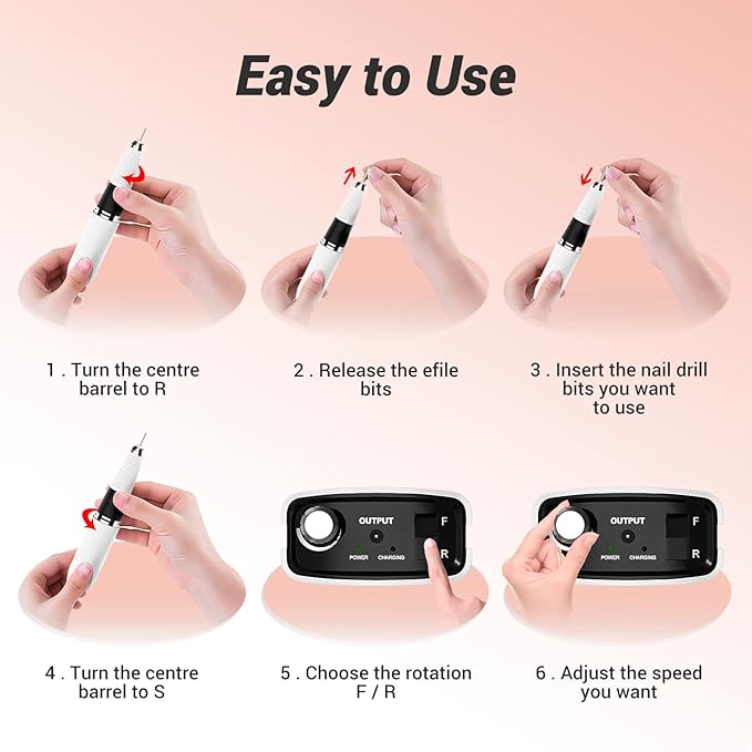 AIRSEE Professional Rechargeable 30000 RPM Nail Drill Machine Portable Efile Electric Nail File Wireless Manicure Pedicure Set Acrylic Gel Nail Grinder Tools with 6 Bits and Sanding Bands E6 White