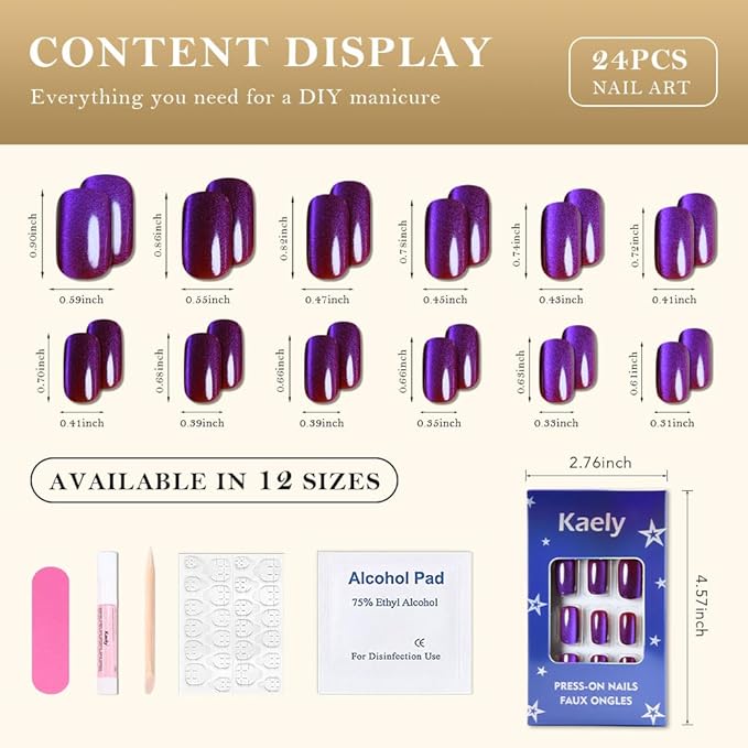 Blue Reflective Cat Eye Press on Nails Medium Square, Medium Square Press Glue on Nails Chrome for Women, Blue Holographic Glitter Glossy Reusable Gel Acrylic Fake Nail with Designs Cateye Effect